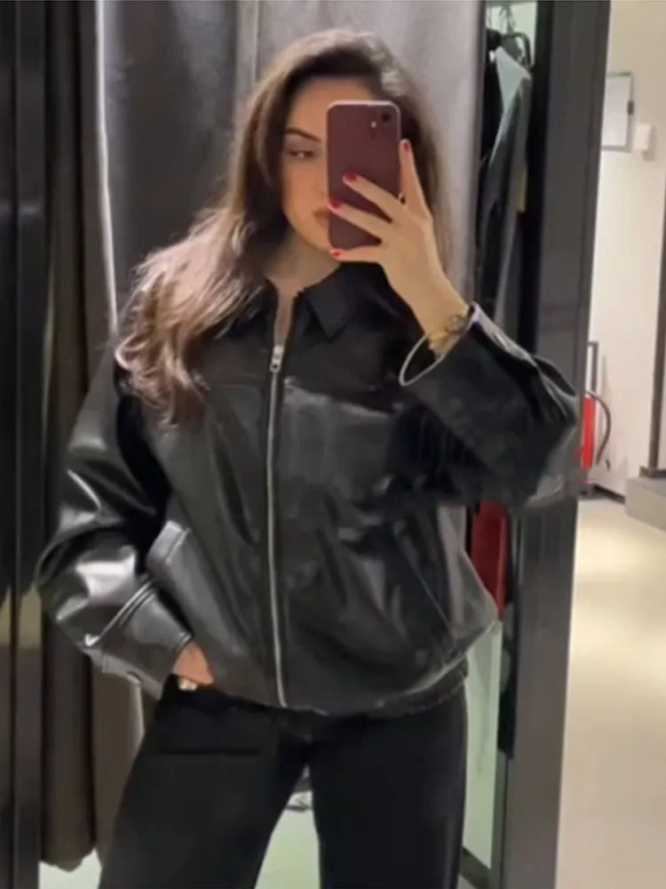 Vintage Textured Leather Jacket Coat Matte Zipper Lapel Commuting Loose Women Motorcycle Jackets Street Trendy Short Outwear Top