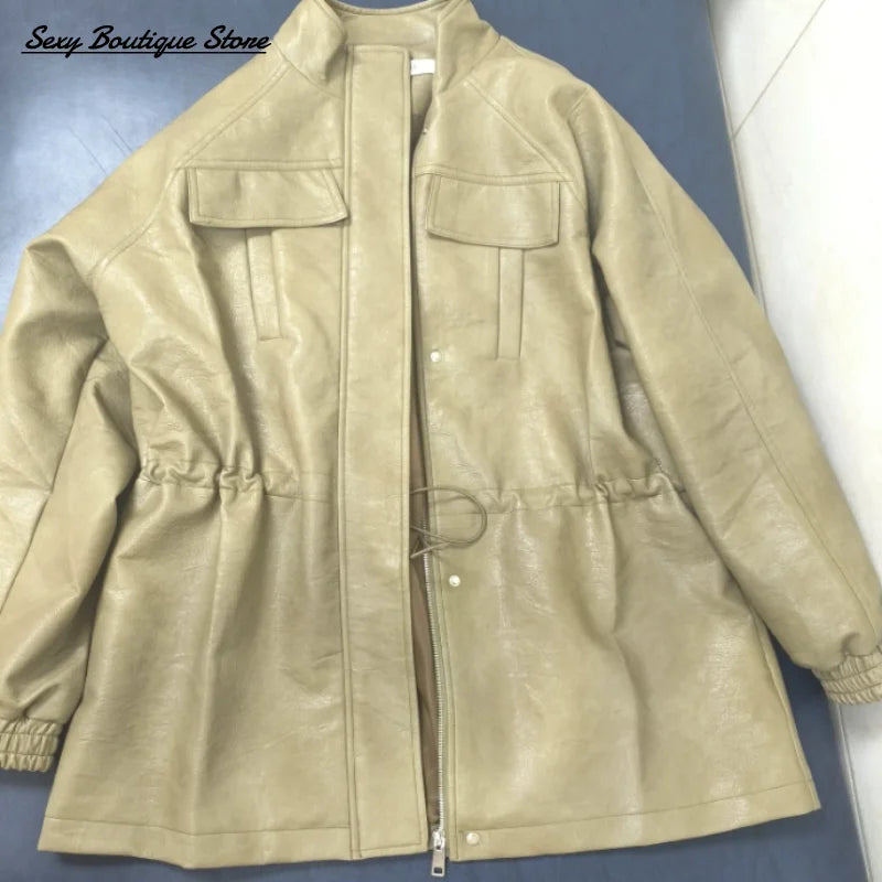 Autumn Winter Pu Leather Jacket For Women Solid Full Sleeve Elastic Adjustable Waist Coat 2025 New Lady Fashion Casual Outwears