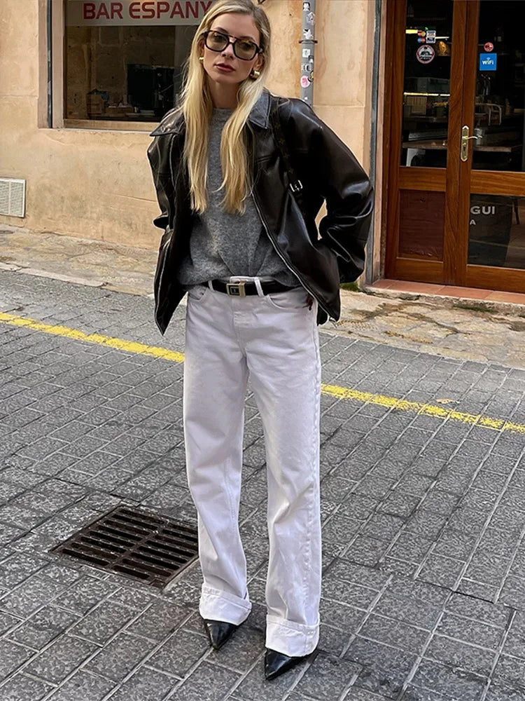 Vintage Textured Leather Jacket Coat Matte Zipper Lapel Commuting Loose Women Motorcycle Jackets Street Trendy Short Outwear Top