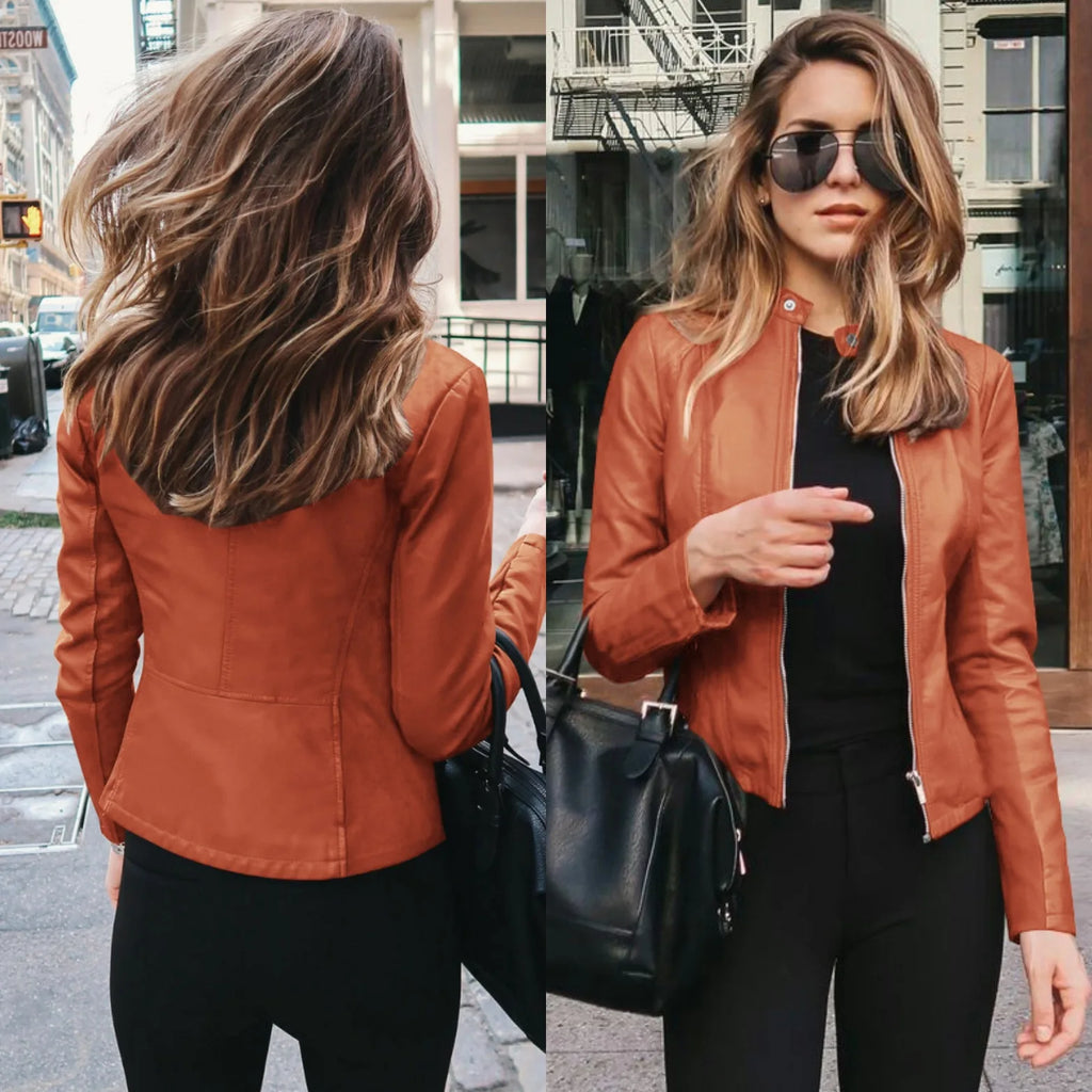 Autumn and Winter Women's Large Size Leather Jacket Fashionable Solid Color Slim Street Elegant Versatile Top PU Coat