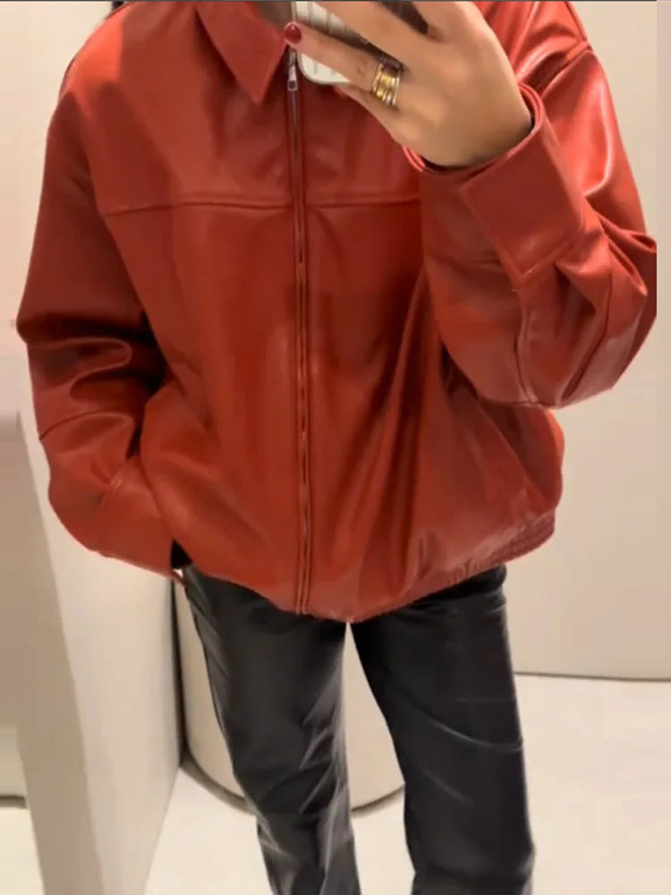 Vintage Textured Leather Jacket Coat Matte Zipper Lapel Commuting Loose Women Motorcycle Jackets Street Trendy Short Outwear Top