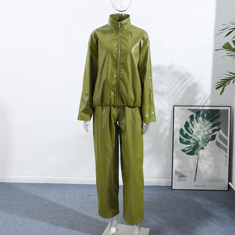 Vintage Green Leather Skirts Jackets Suit Women's Slim Zipper Coat With Pocket Split Skirt 2025 New Winter Autumn Ladies Outwear