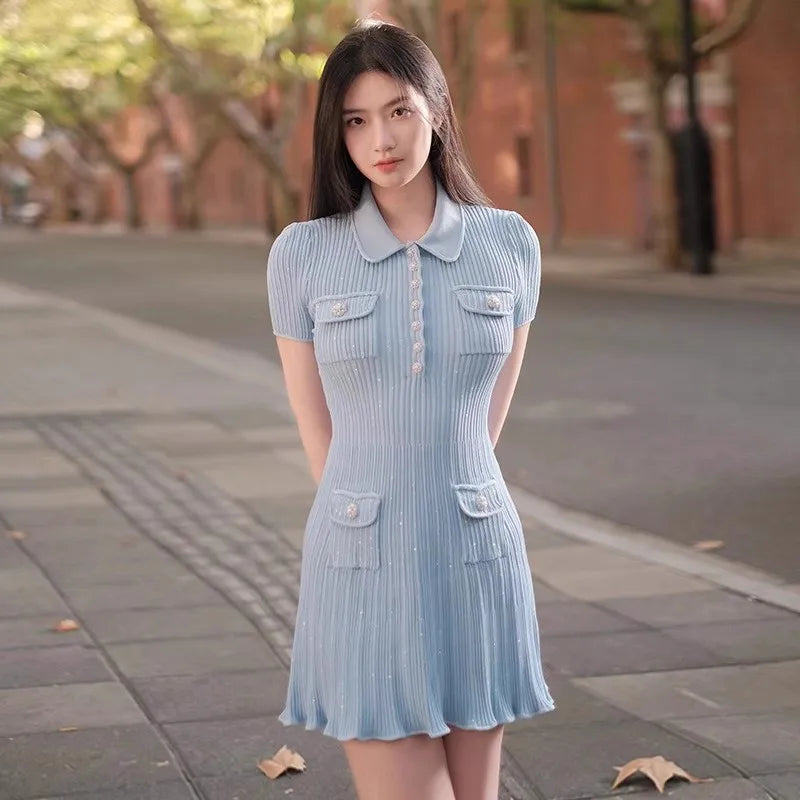 2024 Spring/Summer New Polo Neck Short Sleeve Knitted Dress Y2K Fashion Commuter Elastic Slim Fit Multi Pocket Wrapped Hip Skirt
