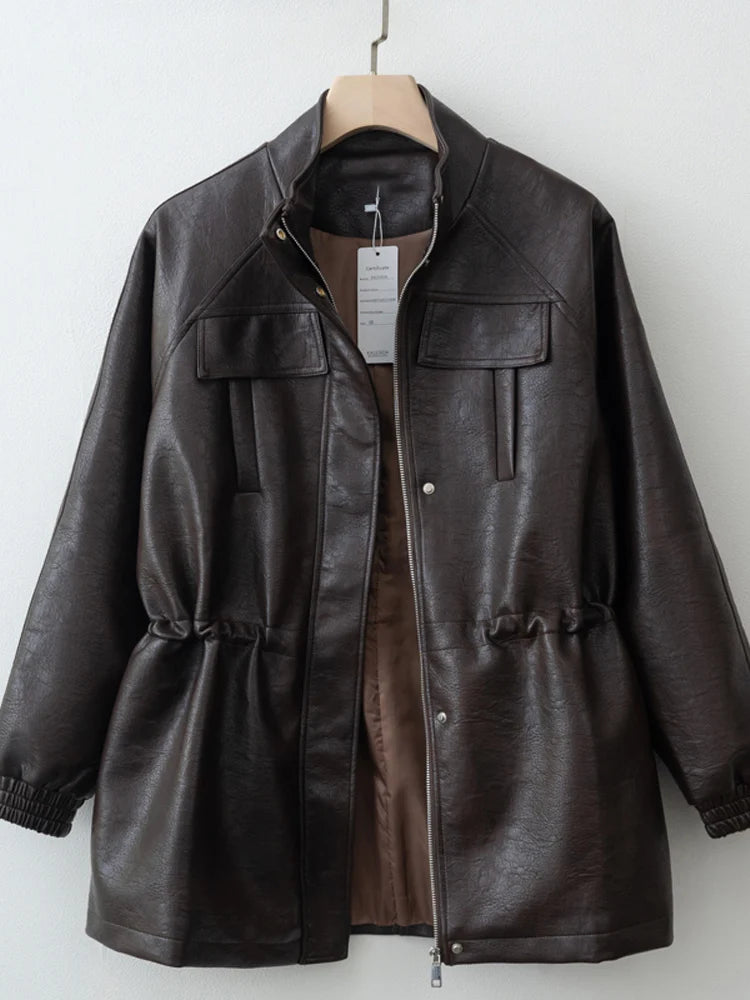 Autumn Winter Pu Leather Jacket For Women Solid Full Sleeve Elastic Adjustable Waist Coat 2025 New Lady Fashion Casual Outwears