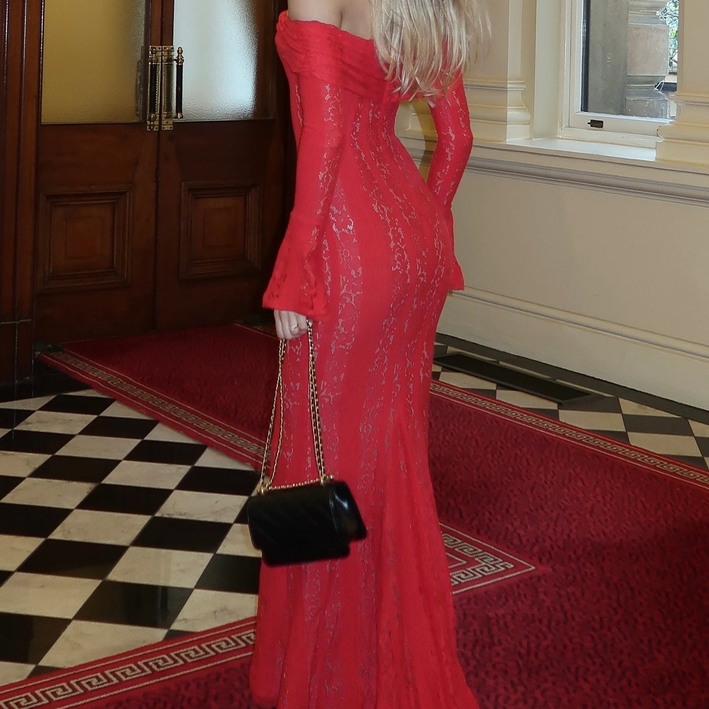 Suninheart White Maxi Wedding Guest Dress Women 2025 Elegant Off The Shoulder evening party dresses red lace flare sleeve dress - SalmanStore 