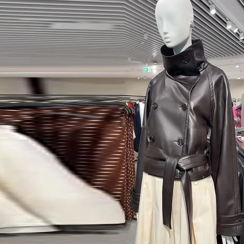 Street Women's Cropped Leather Jackets With Belt Lapel Double Breasted Pockets Full Sleeve Coat 2025 Autumn Lady Vintage Outwear