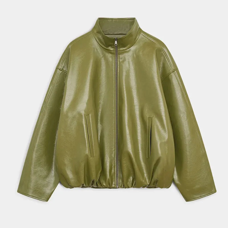 Vintage Green Leather Skirts Jackets Suit Women's Slim Zipper Coat With Pocket Split Skirt 2025 New Winter Autumn Ladies Outwear