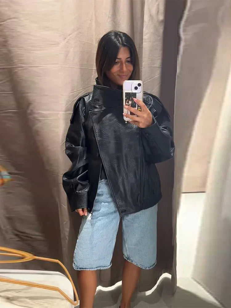 Retro Stand Collar PU Leather Jacket Women Classic Casual Zipper Single Breasted Black Jackets Lady 2025 Autumn Chic Streetwear