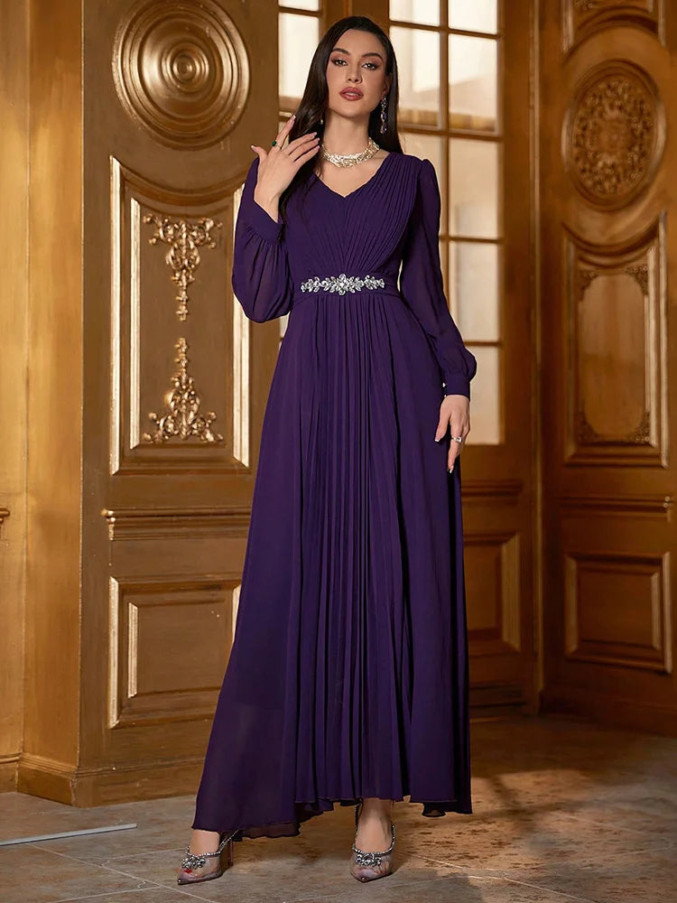 TOLEEN 2024 Summer Luxury Elegant Party Evening Swing Dress With Rhinestone Embellishment Women Long Sleeve V-Neck Solid Pleated - SalmanStore 
