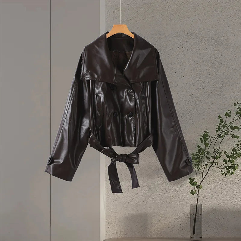 Street Women's Cropped Leather Jackets With Belt Lapel Double Breasted Pockets Full Sleeve Coat 2025 Autumn Lady Vintage Outwear