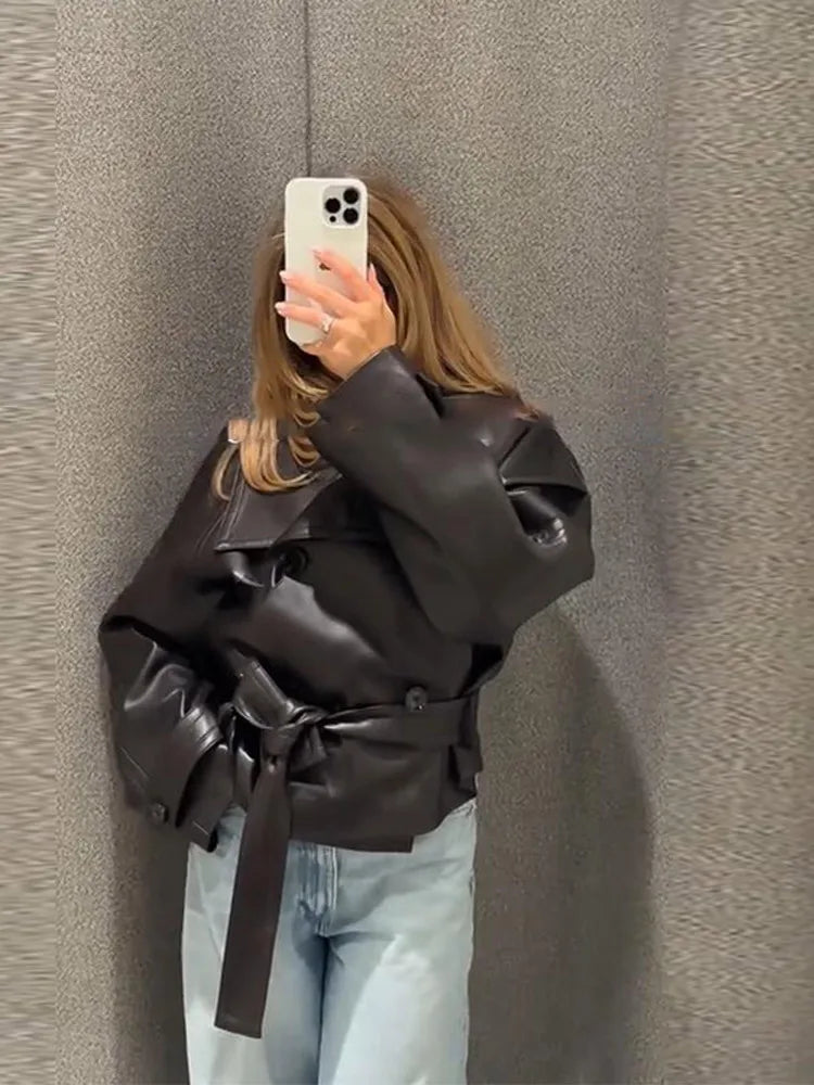 Street Women's Cropped Leather Jackets With Belt Lapel Double Breasted Pockets Full Sleeve Coat 2025 Autumn Lady Vintage Outwear