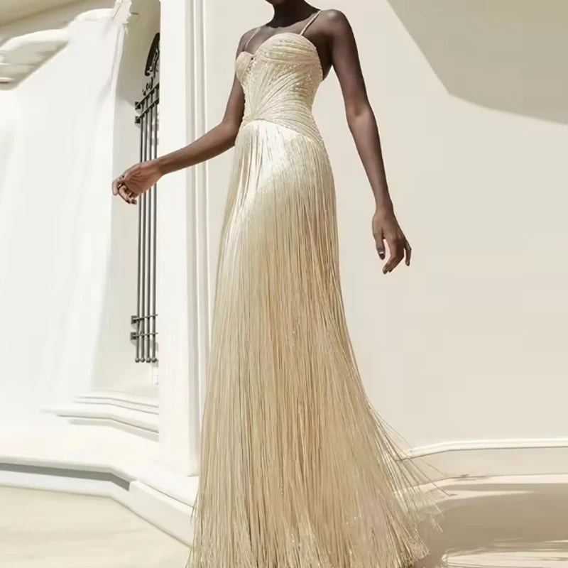 Sexy Off Shoulder Sleeveless Suspender Dress Women's Elegant High Waist Slim Tassel Long Dress Fashion Draped Solid Long Dress - SalmanStore 