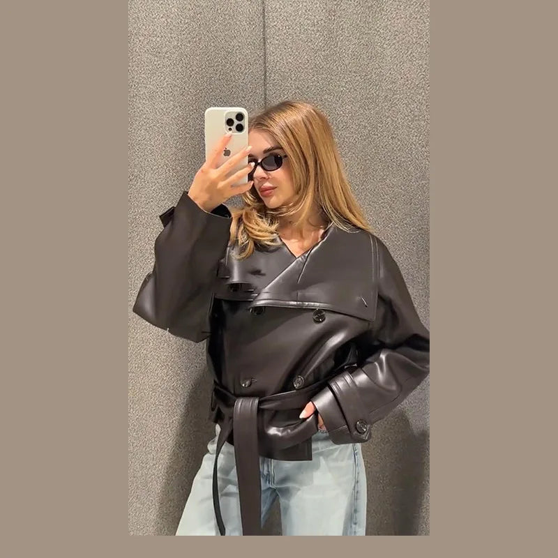 Street Women's Cropped Leather Jackets With Belt Lapel Double Breasted Pockets Full Sleeve Coat 2025 Autumn Lady Vintage Outwear