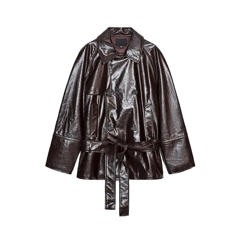 Street Women's Cropped Leather Jackets With Belt Lapel Double Breasted Pockets Full Sleeve Coat 2025 Autumn Lady Vintage Outwear