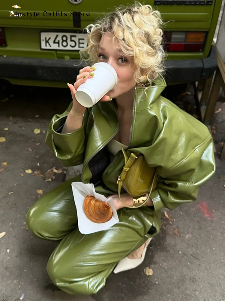 Vintage Green Leather Skirts Jackets Suit Women's Slim Zipper Coat With Pocket Split Skirt 2025 New Winter Autumn Ladies Outwear