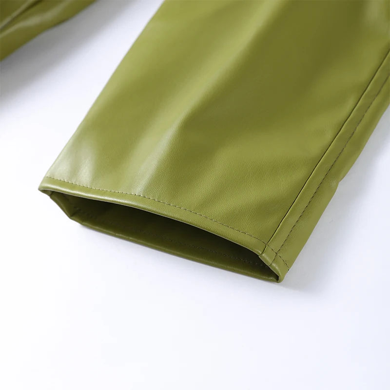 Vintage Green Leather Skirts Jackets Suit Women's Slim Zipper Coat With Pocket Split Skirt 2025 New Winter Autumn Ladies Outwear