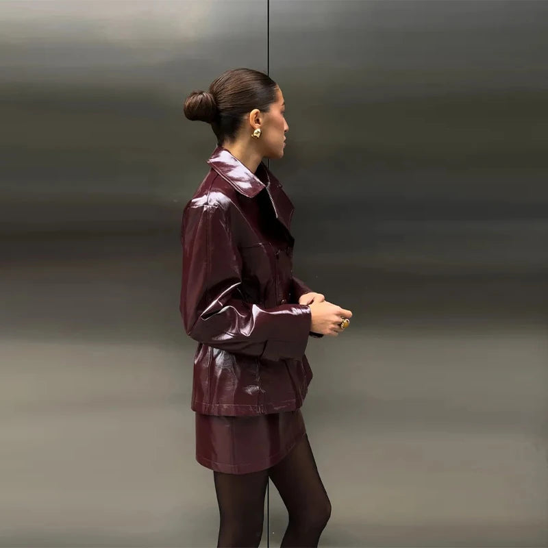 Retro Leather Blazers Short Skirts Suit Women's Stylish Lapel Double-breasted Jackets 2025 New Autumn Winter Ladies Streetwear