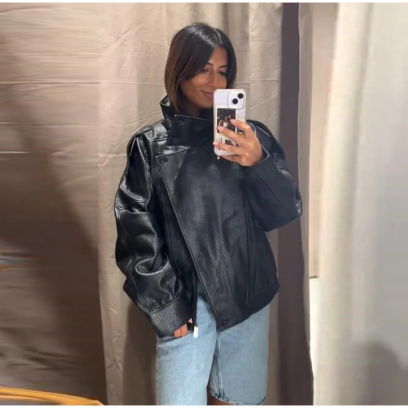 Retro Stand Collar PU Leather Jacket Women Classic Casual Zipper Single Breasted Black Jackets Lady 2025 Autumn Chic Streetwear