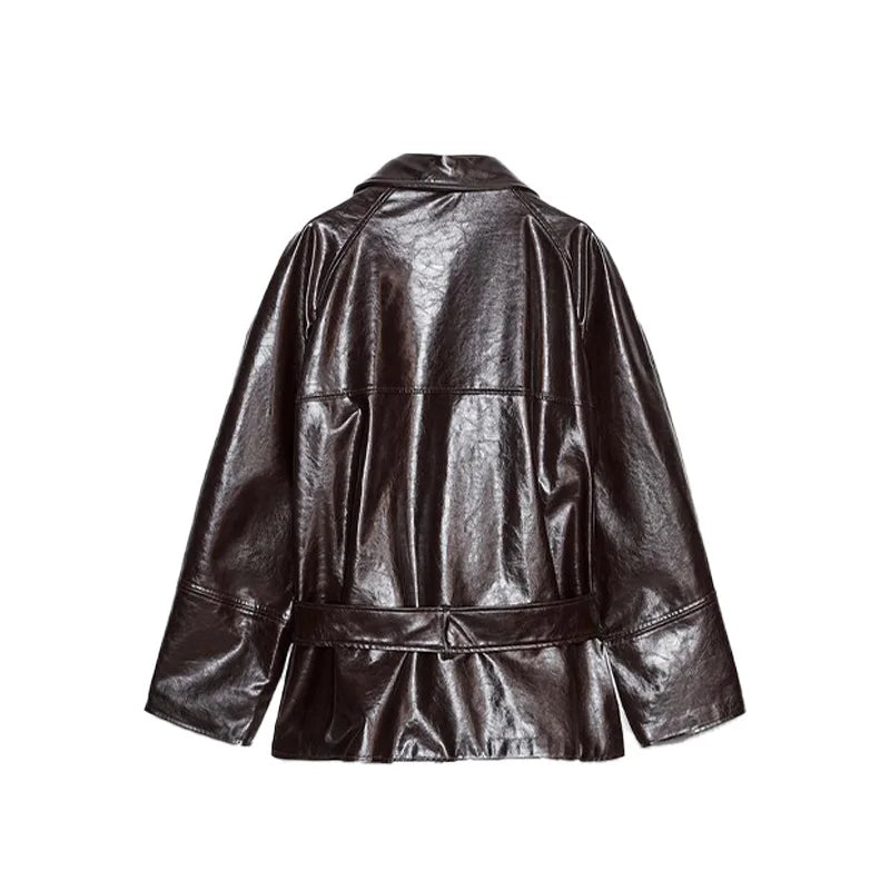 Street Women's Cropped Leather Jackets With Belt Lapel Double Breasted Pockets Full Sleeve Coat 2025 Autumn Lady Vintage Outwear