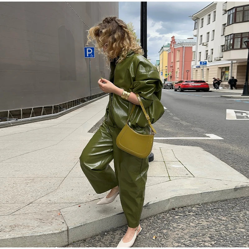 Vintage Green Leather Skirts Jackets Suit Women's Slim Zipper Coat With Pocket Split Skirt 2025 New Winter Autumn Ladies Outwear