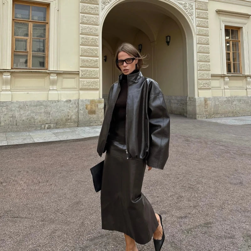 Vintage Green Leather Skirts Jackets Suit Women's Slim Zipper Coat With Pocket Split Skirt 2025 New Winter Autumn Ladies Outwear