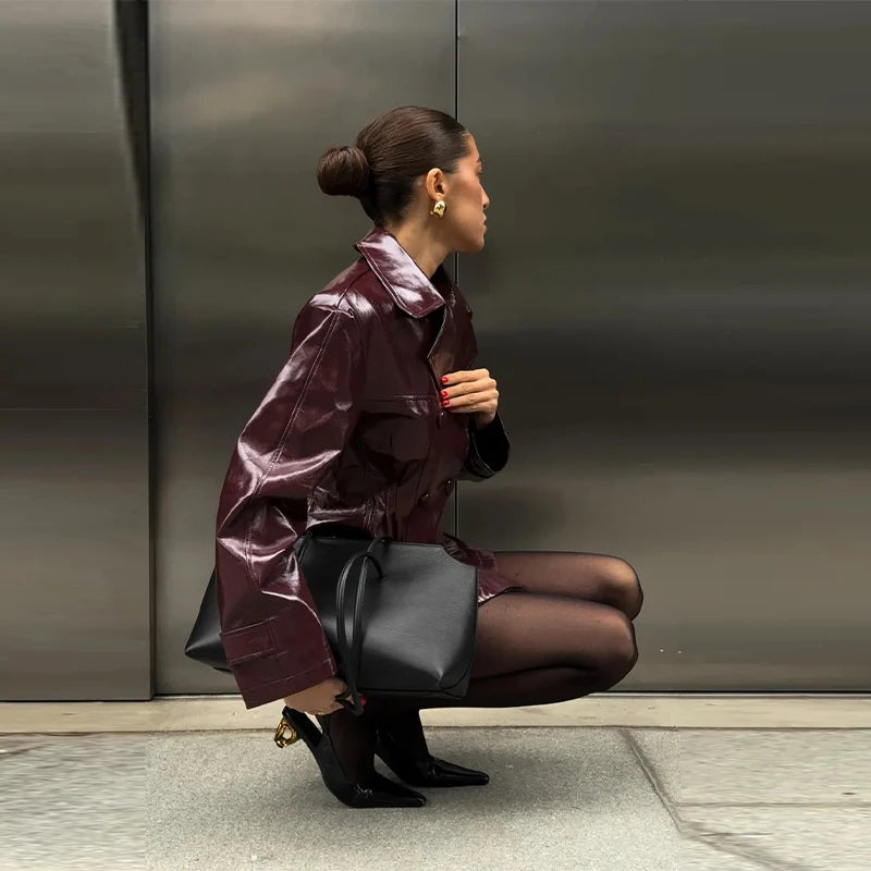 Retro Leather Blazers Short Skirts Suit Women's Stylish Lapel Double-breasted Jackets 2025 New Autumn Winter Ladies Streetwear