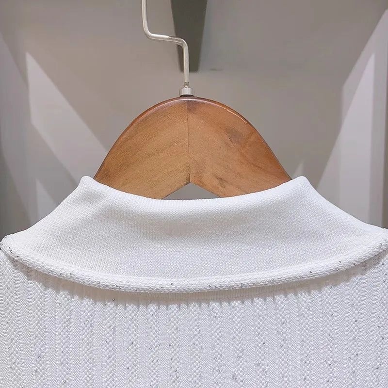 2024 Spring/Summer New Polo Neck Short Sleeve Knitted Dress Y2K Fashion Commuter Elastic Slim Fit Multi Pocket Wrapped Hip Skirt