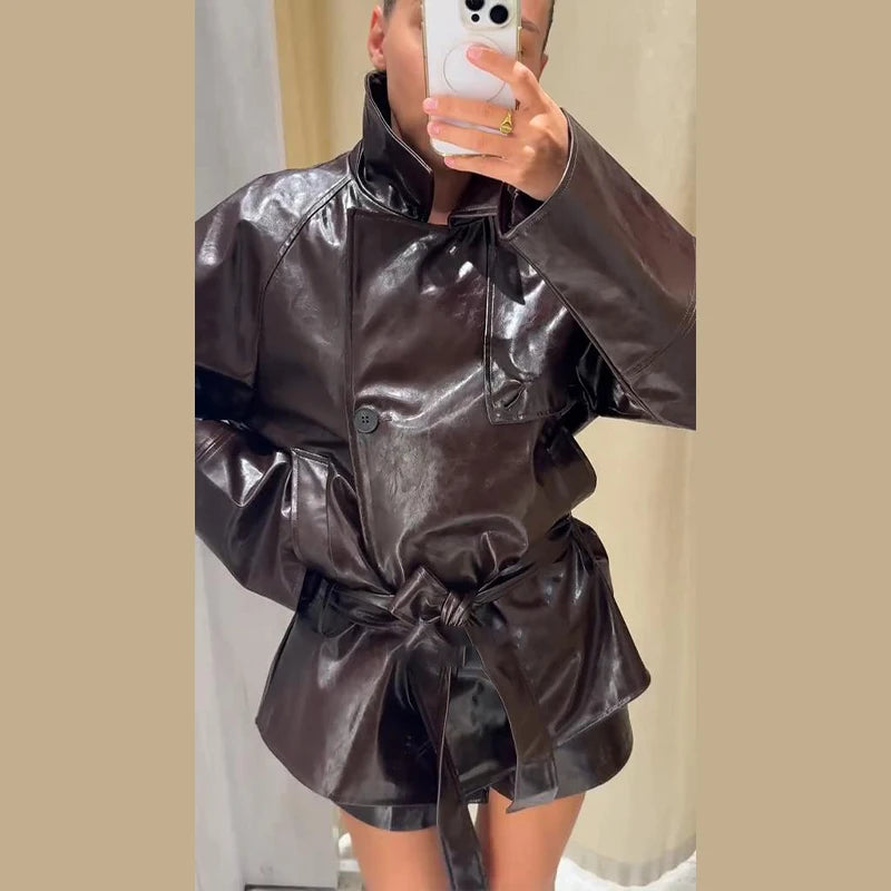 Street Women's Cropped Leather Jackets With Belt Lapel Double Breasted Pockets Full Sleeve Coat 2025 Autumn Lady Vintage Outwear