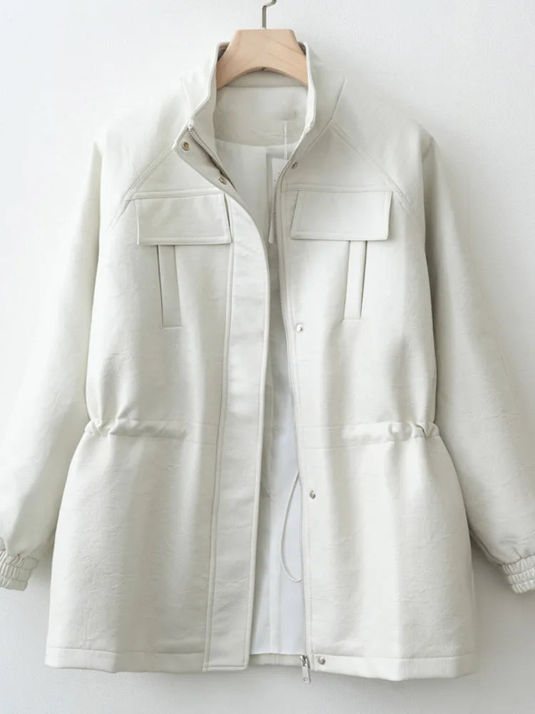 Autumn Winter Pu Leather Jacket For Women Solid Full Sleeve Elastic Adjustable Waist Coat 2025 New Lady Fashion Casual Outwears