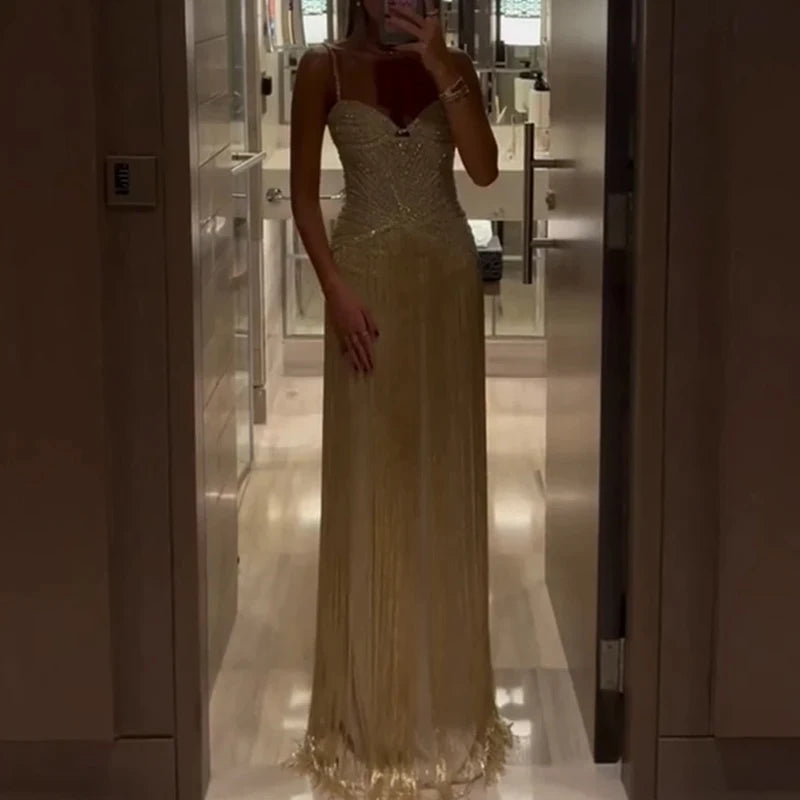 Sexy Off Shoulder Sleeveless Suspender Dress Women's Elegant High Waist Slim Tassel Long Dress Fashion Draped Solid Long Dress - SalmanStore 