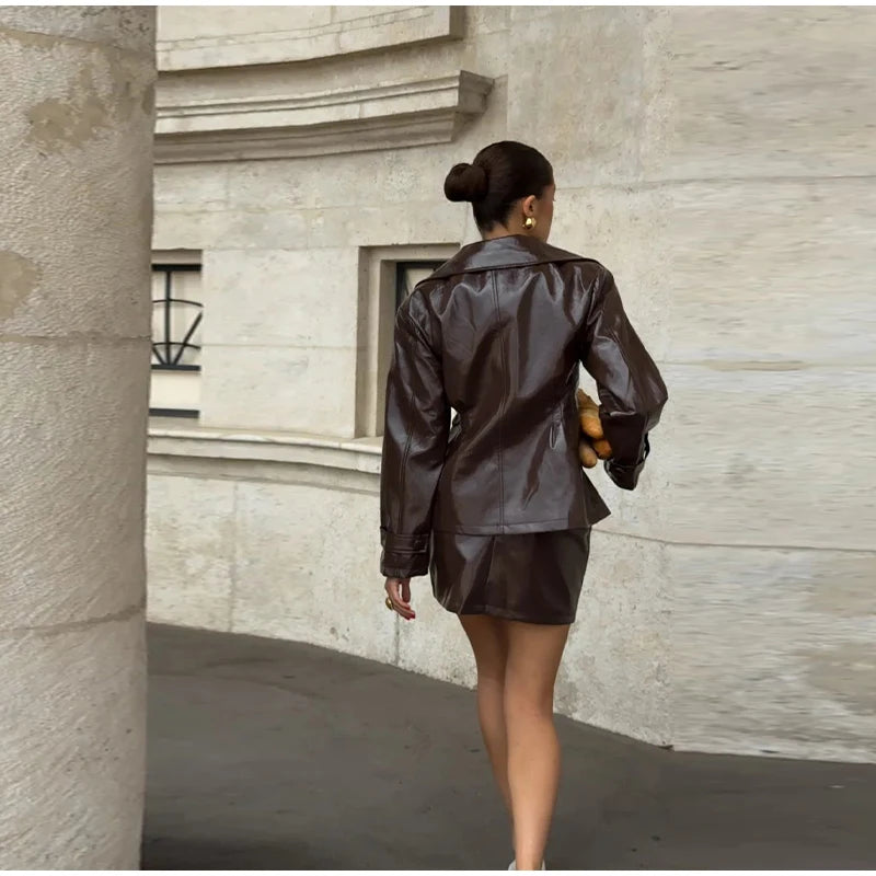 Retro Leather Blazers Short Skirts Suit Women's Stylish Lapel Double-breasted Jackets 2025 New Autumn Winter Ladies Streetwear