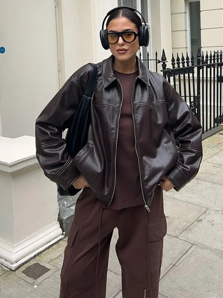 Vintage Textured Leather Jacket Coat Matte Zipper Lapel Commuting Loose Women Motorcycle Jackets Street Trendy Short Outwear Top