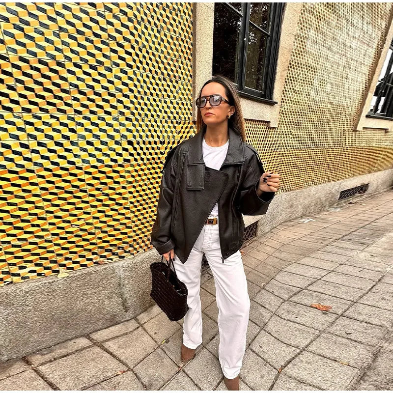 Retro Stand Collar PU Leather Jacket Women Classic Casual Zipper Single Breasted Black Jackets Lady 2025 Autumn Chic Streetwear