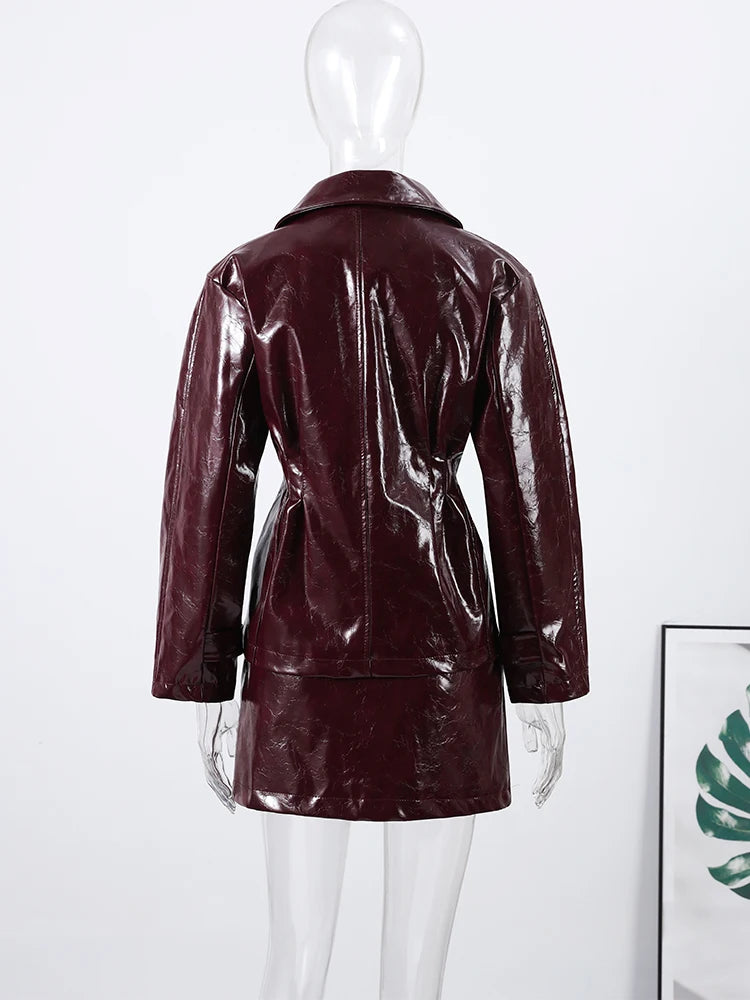 Retro Leather Blazers Short Skirts Suit Women's Stylish Lapel Double-breasted Jackets 2025 New Autumn Winter Ladies Streetwear