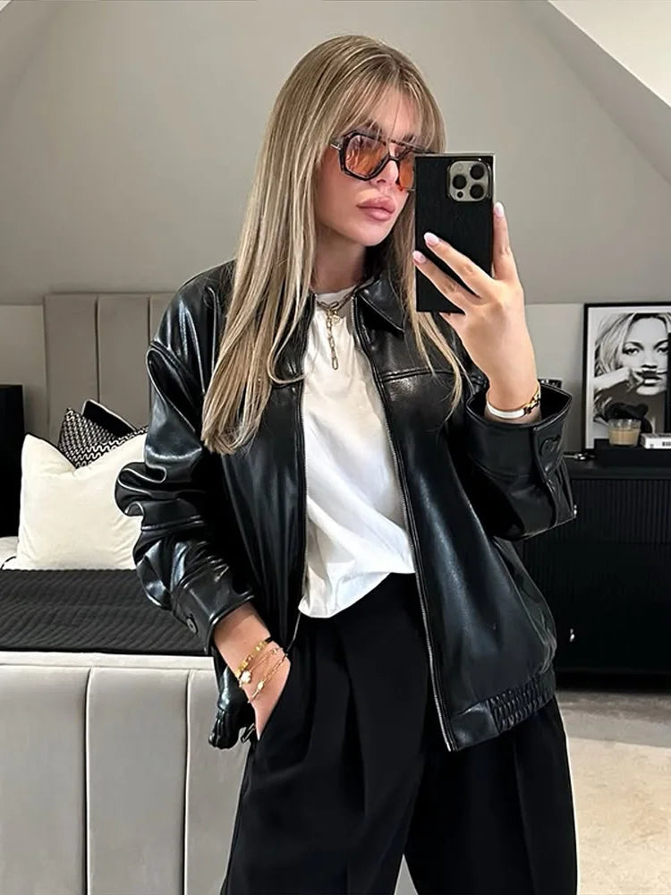 Vintage Textured Leather Jacket Coat Matte Zipper Lapel Commuting Loose Women Motorcycle Jackets Street Trendy Short Outwear Top