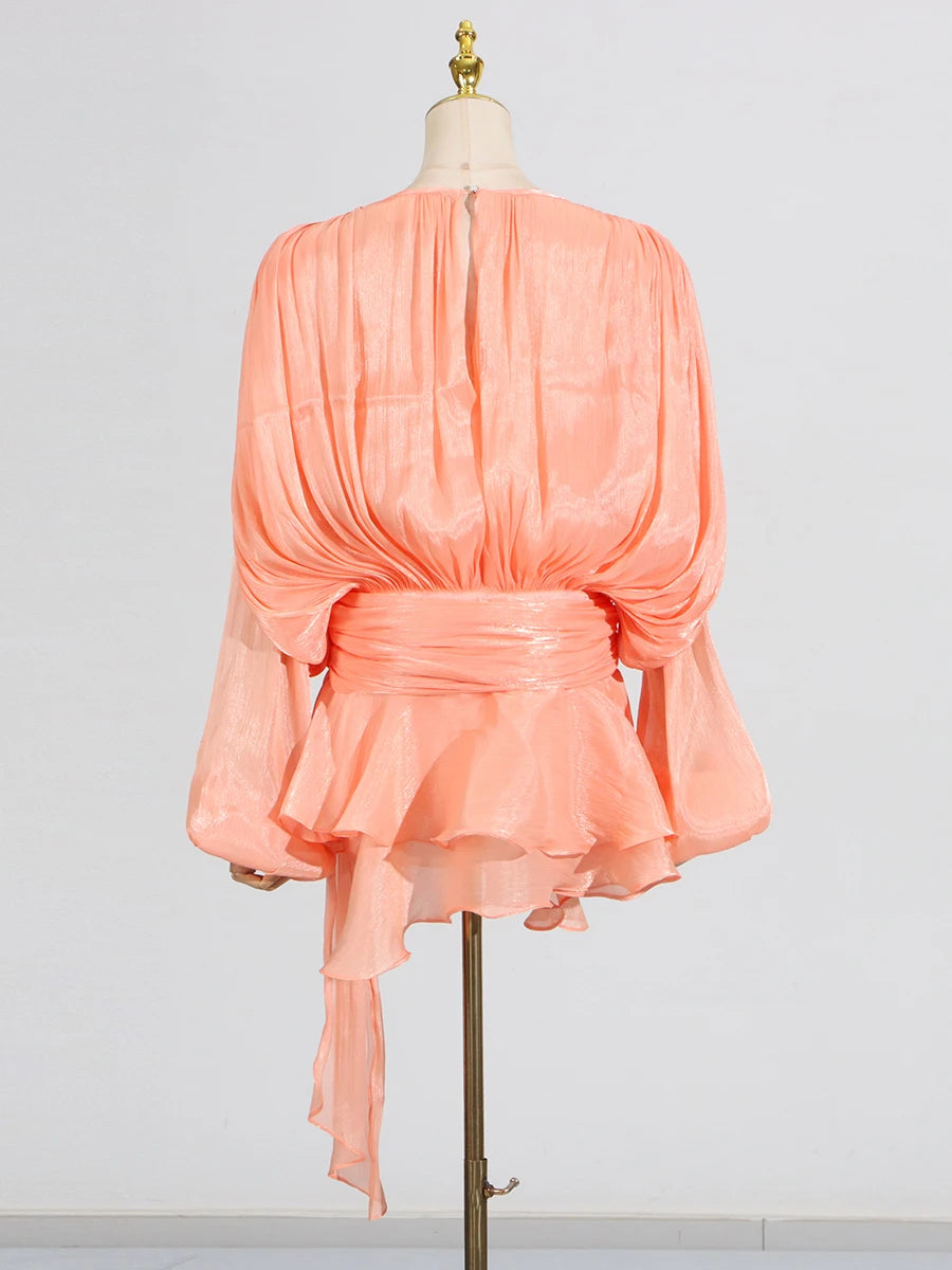 GALCAUR Solid Loose Splicd Lace Up Dresses For Women V Neck Long Sleeves Patchwork Ruffles Tunic Dreses Female Fashio New