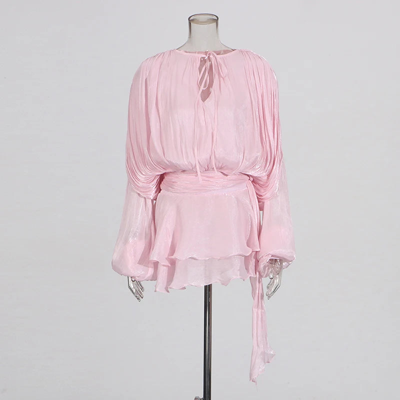 GALCAUR Solid Loose Splicd Lace Up Dresses For Women V Neck Long Sleeves Patchwork Ruffles Tunic Dreses Female Fashio New