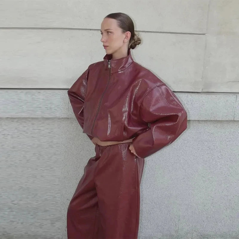 Street Zipper Leather Jackets Skirts Sets Women Loose Stand Collar Full Sleeve Coat Straight Skirt 2025 Autumn Winter Lady Suit