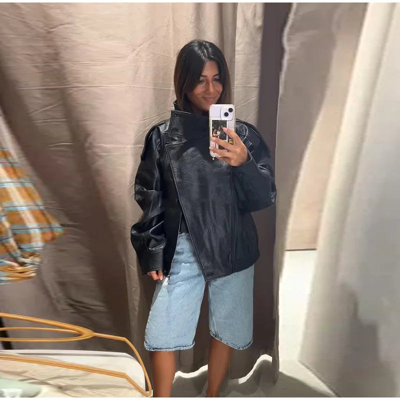 Retro Stand Collar PU Leather Jacket Women Classic Casual Zipper Single Breasted Black Jackets Lady 2025 Autumn Chic Streetwear