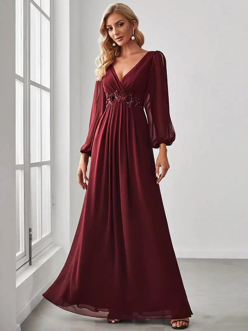 Elegant Evening Dresses Long Lantern Sleeves V-neck 2025 ever pretty of A-LINE Chiffon Burgundy flower beltbelt Prom Dress Women - SalmanStore 