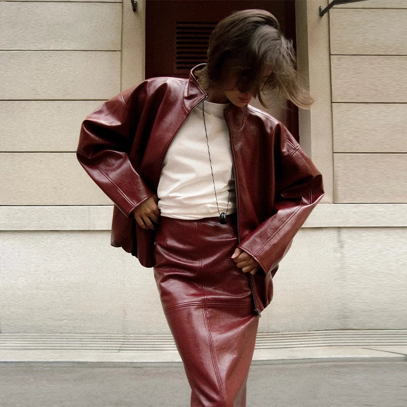 Street Zipper Leather Jackets Skirts Sets Women Loose Stand Collar Full Sleeve Coat Straight Skirt 2025 Autumn Winter Lady Suit