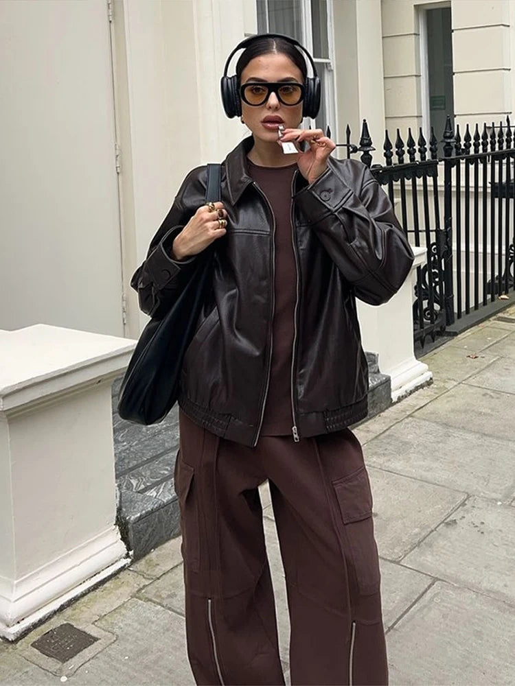 Vintage Textured Leather Jacket Coat Matte Zipper Lapel Commuting Loose Women Motorcycle Jackets Street Trendy Short Outwear Top