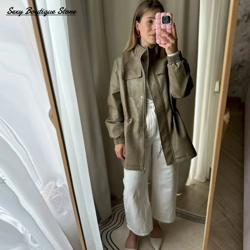 Autumn Winter Pu Leather Jacket For Women Solid Full Sleeve Elastic Adjustable Waist Coat 2025 New Lady Fashion Casual Outwears