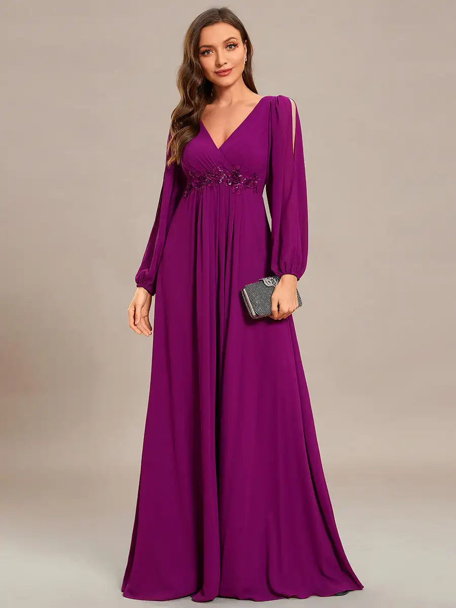 Elegant Evening Dresses Long Lantern Sleeves V-neck 2025 ever pretty of A-LINE Chiffon Burgundy flower beltbelt Prom Dress Women - SalmanStore 