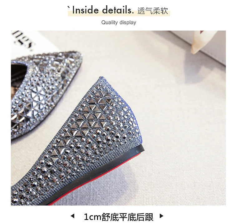 famous brand rivets flats women pointed toe glitter beading ballerian shoes shallow mouth sequined cloth moccasins plus size 43