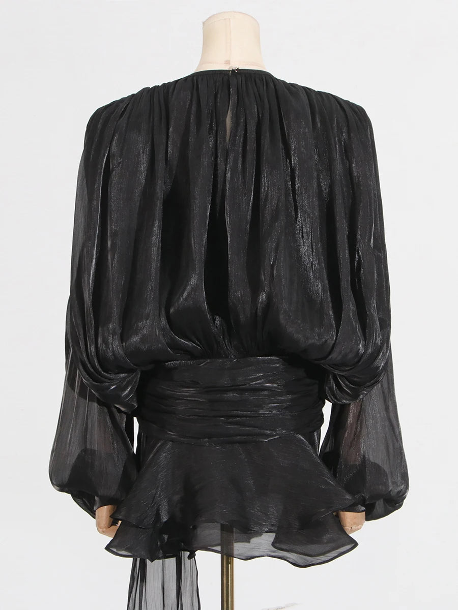 GALCAUR Solid Loose Splicd Lace Up Dresses For Women V Neck Long Sleeves Patchwork Ruffles Tunic Dreses Female Fashio New