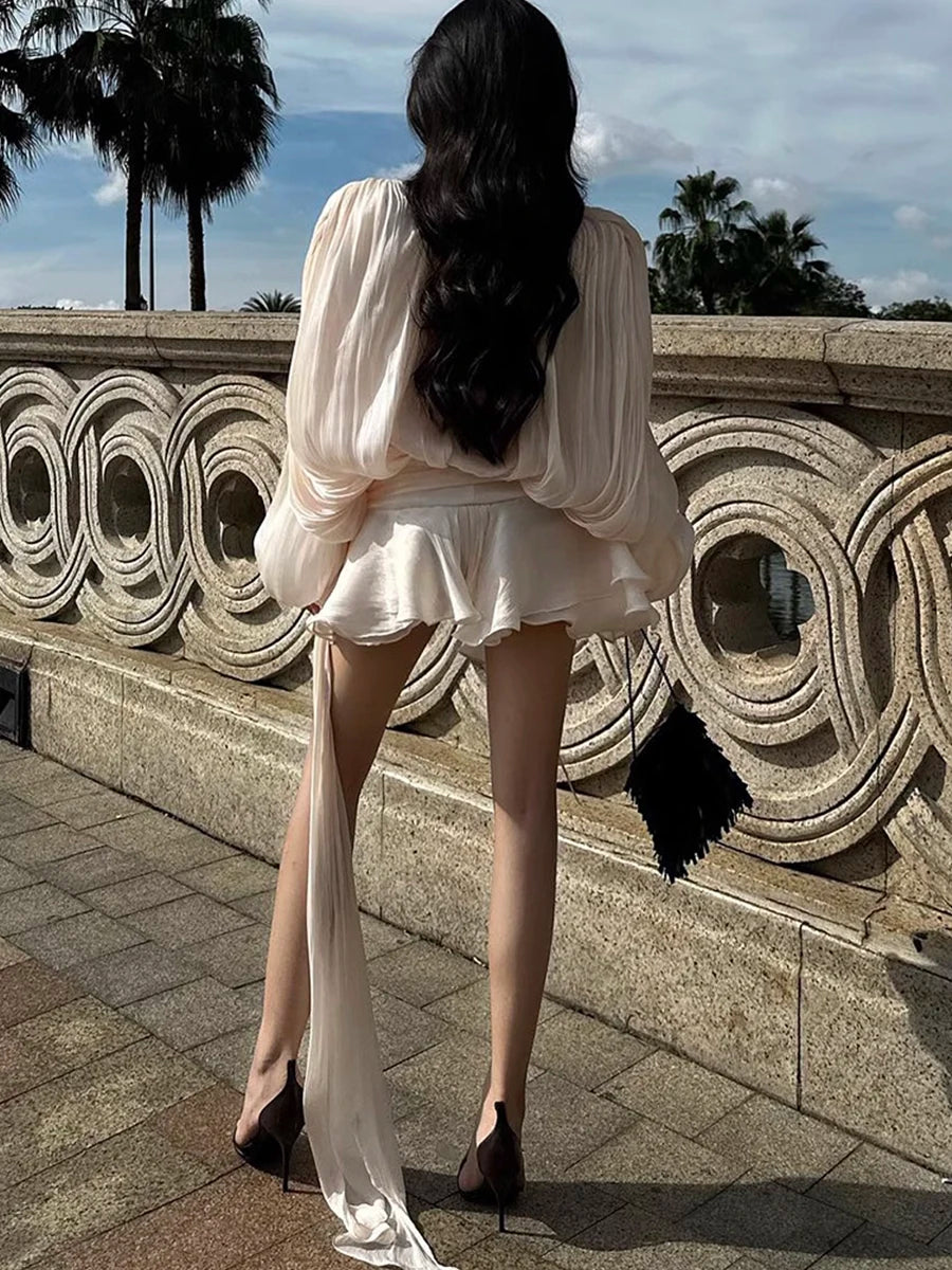 GALCAUR Solid Loose Splicd Lace Up Dresses For Women V Neck Long Sleeves Patchwork Ruffles Tunic Dreses Female Fashio New