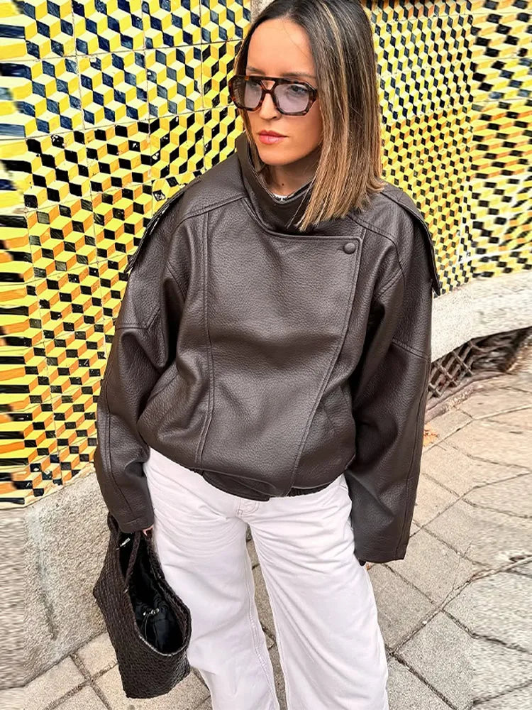 Retro Stand Collar PU Leather Jacket Women Classic Casual Zipper Single Breasted Black Jackets Lady 2025 Autumn Chic Streetwear