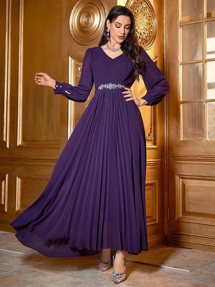 TOLEEN 2024 Summer Luxury Elegant Party Evening Swing Dress With Rhinestone Embellishment Women Long Sleeve V-Neck Solid Pleated - SalmanStore 