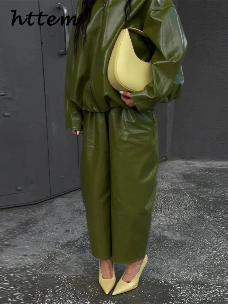 Street Zipper Leather Jackets Skirts Sets Women Loose Stand Collar Full Sleeve Coat Straight Skirt 2025 Autumn Winter Lady Suit